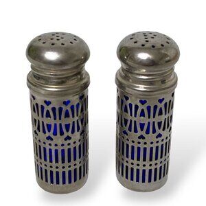Vintage Salt and Pepper Shakers Blue Glass with Silvertone Overlay 2.75" high